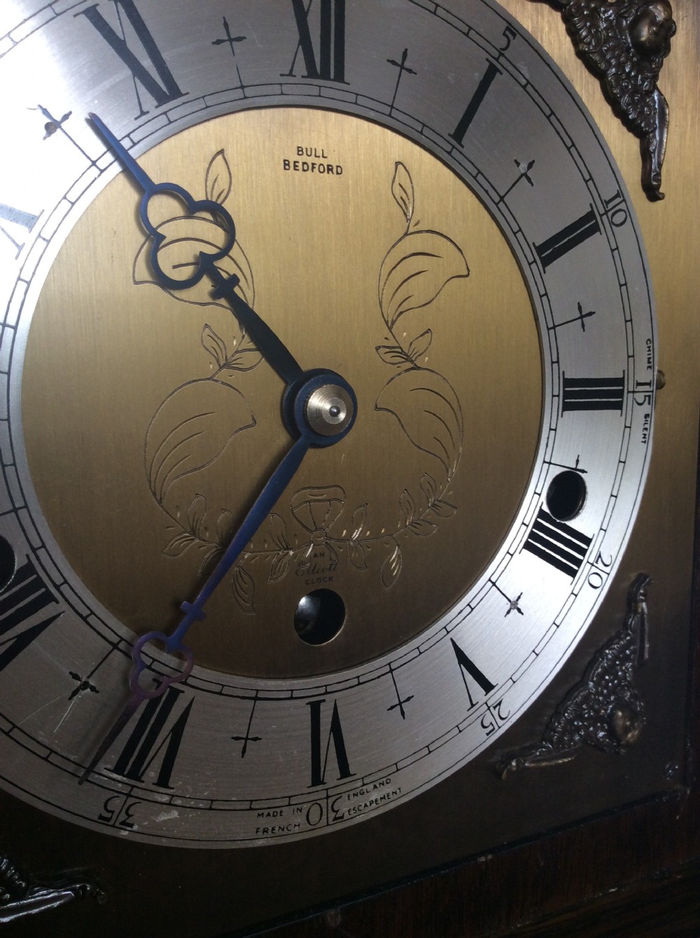 Oak Granddaughter Clock - In 1954 Elliott introduced their Unique “SILENT OVER NIGHT” Chiming Mechanism View IV