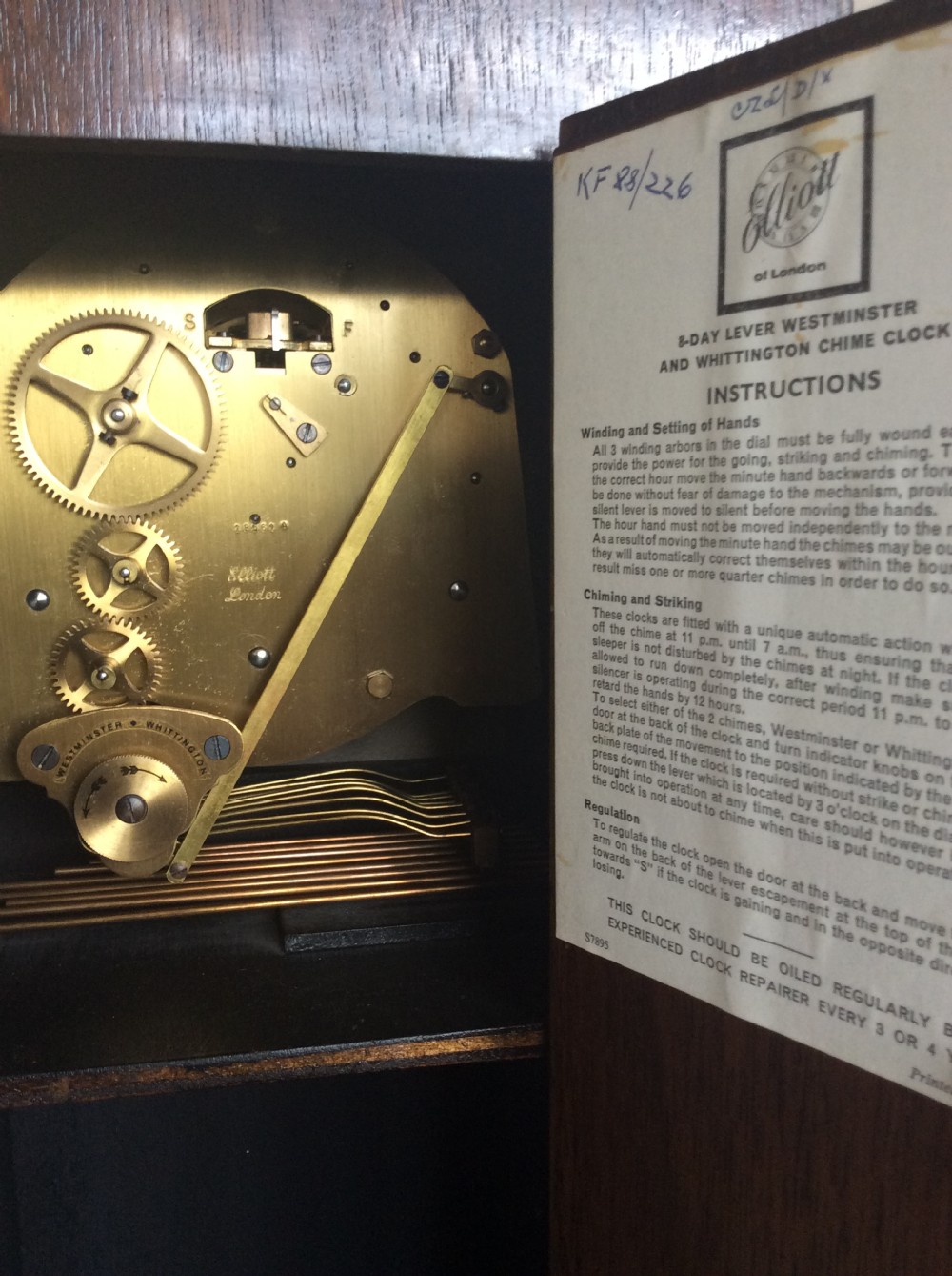 Oak Granddaughter Clock - In 1954 Elliott introduced their Unique “SILENT OVER NIGHT” Chiming Mechanism View VI
