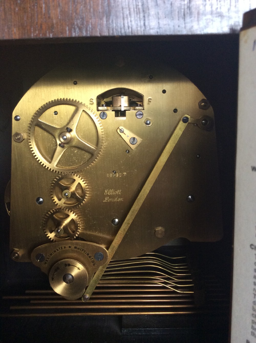 Oak Granddaughter Clock - In 1954 Elliott introduced their Unique “SILENT OVER NIGHT” Chiming Mechanism View VII