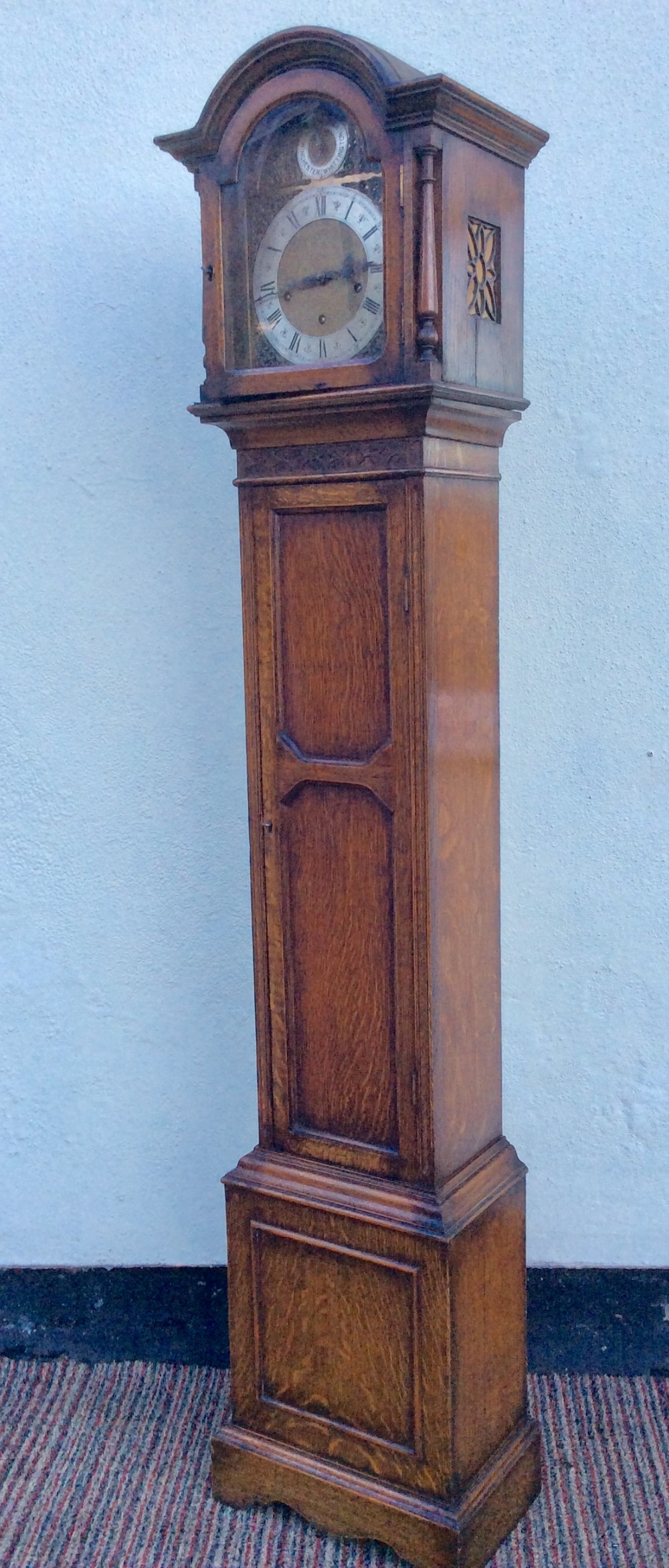 Quality Triple Tune 8 Day Oak Grandmother or Small Grandfather Longcase Clock