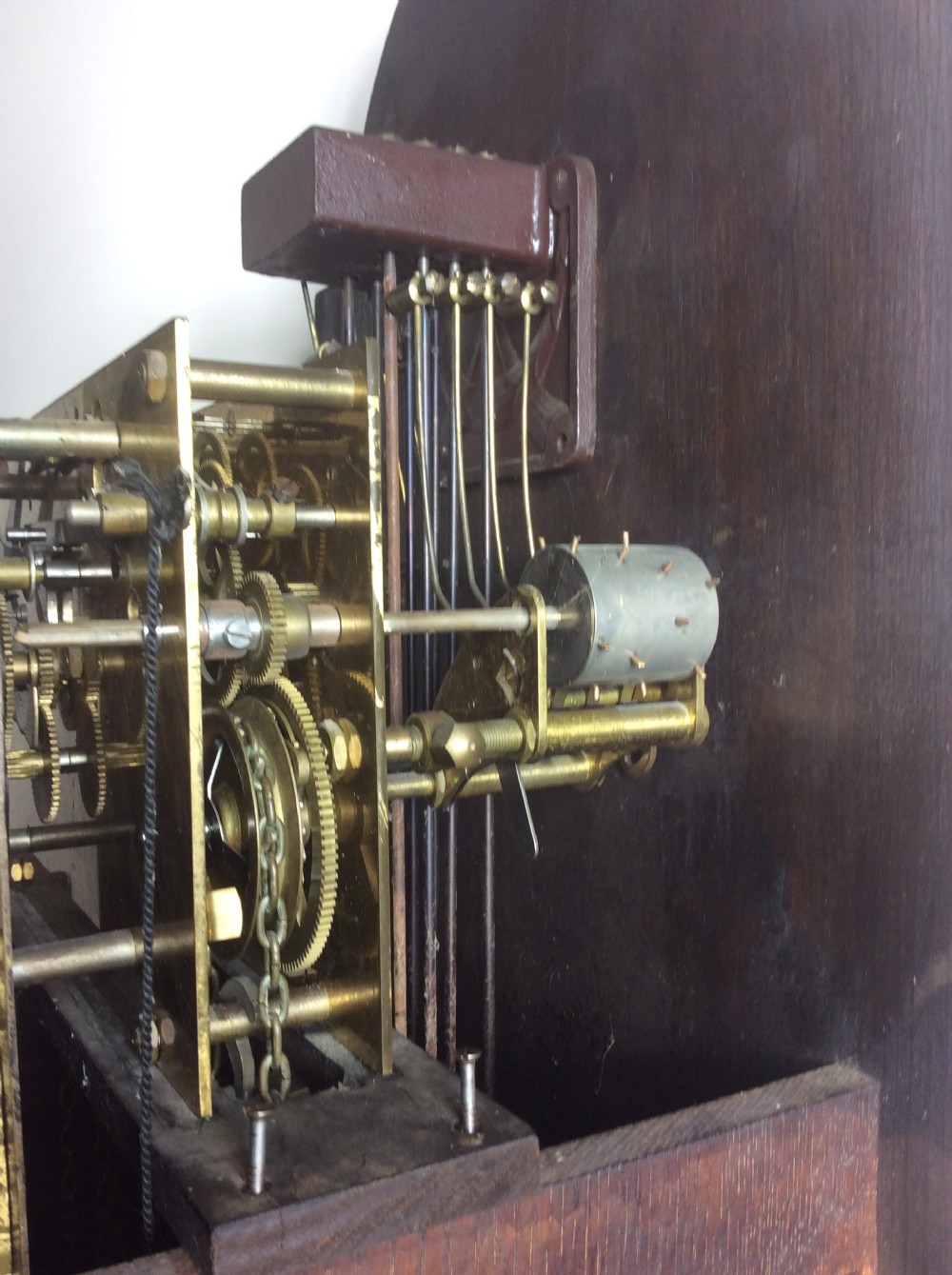 Triple Weight Westminster Chiming Oak Cased Grandmother or Grandfather Longcase Clock with Barley Twist Hood Columns View II