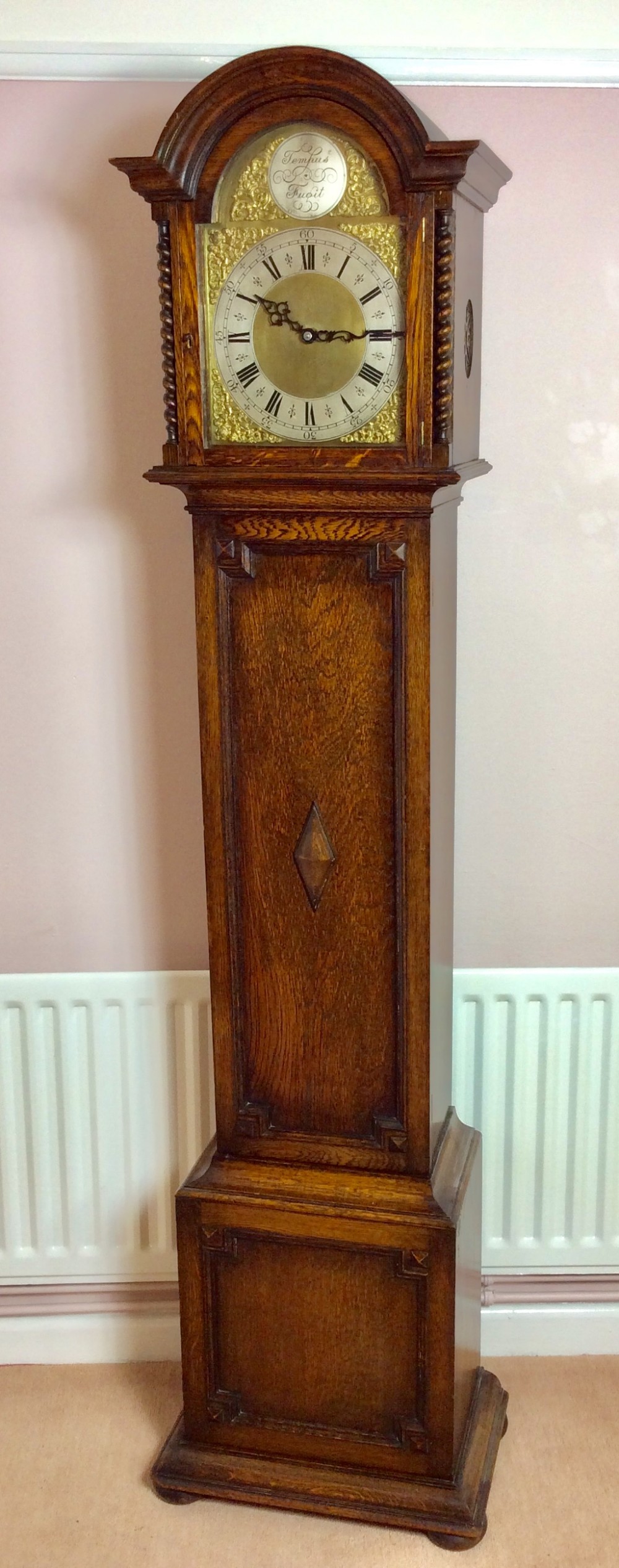 Mellow Sounding Triple Weight Oak with Barley Twist Columns Grandmother or Grandfather Longcase Clock