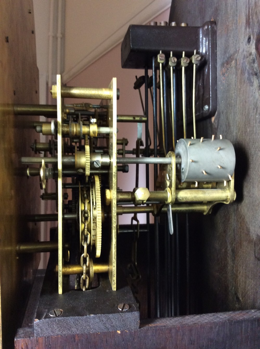 Mellow Sounding Triple Weight Oak with Barley Twist Columns Grandmother or Grandfather Longcase Clock View IV