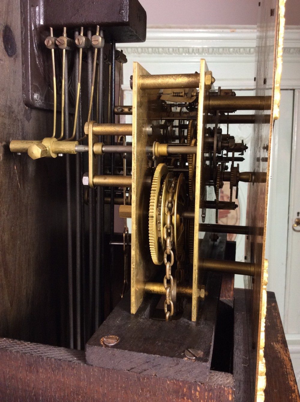 Mellow Sounding Triple Weight Oak with Barley Twist Columns Grandmother or Grandfather Longcase Clock View VI
