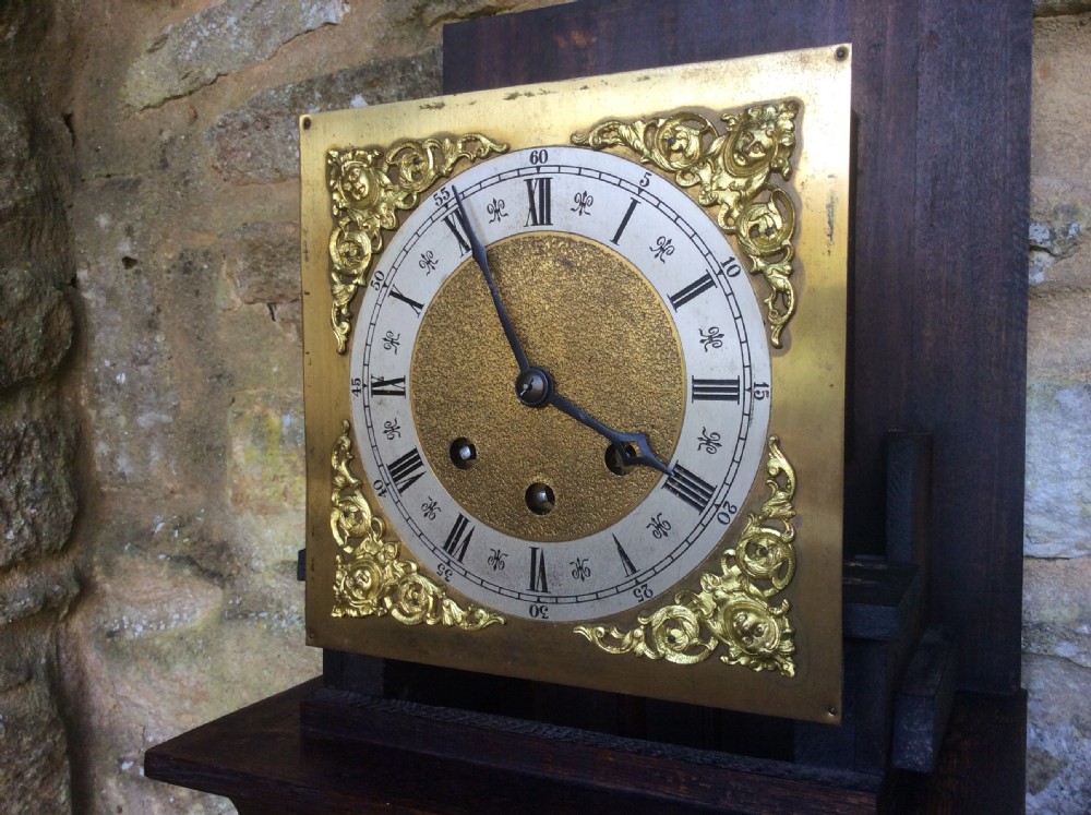 
Charming Small Oak Grandfather or Grandmother Longcase Clock with Barley Twist Columns Playing Westminster Chimes View V