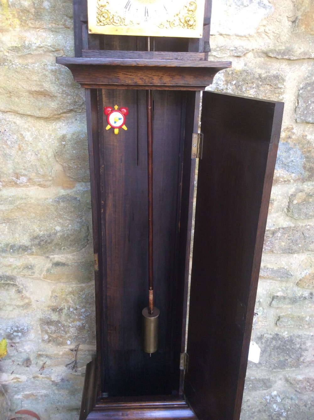 
Charming Small Oak Grandfather or Grandmother Longcase Clock with Barley Twist Columns Playing Westminster Chimes View VI