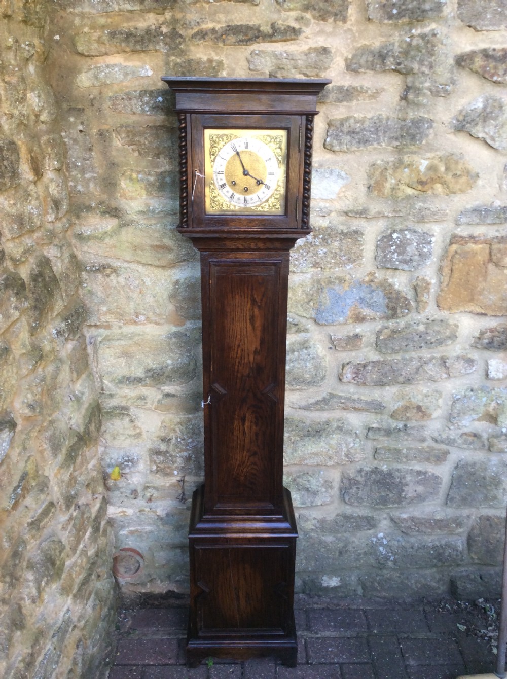 
Charming Small Oak Grandfather or Grandmother Longcase Clock with Barley Twist Columns Playing Westminster Chimes View VII