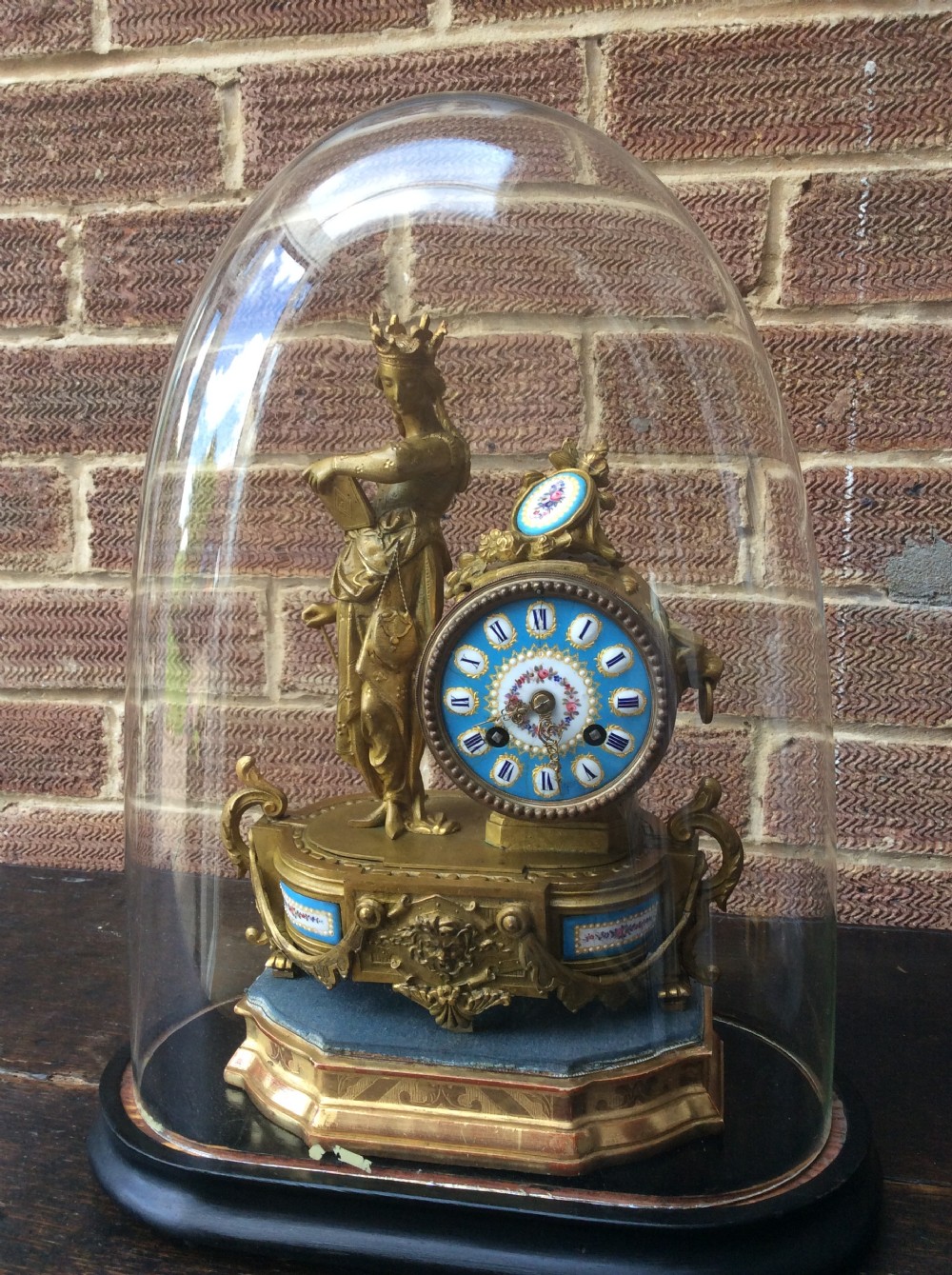 Mid 19th C. French Gilt Ormolu Bell Striking Clock with Sevre Style Panels on Stand in Glass Dome