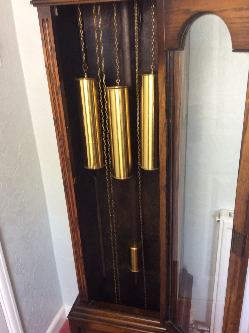 Attractive Glass Fronted Triple Weight Westminster Chiming Grandfather or Grandmother Longcase Clock. View IV