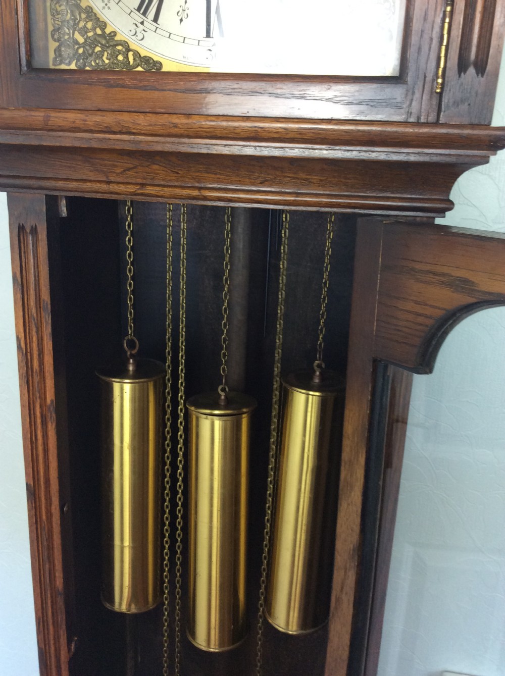 Attractive Glass Fronted Triple Weight Westminster Chiming Grandfather or Grandmother Longcase Clock. View V