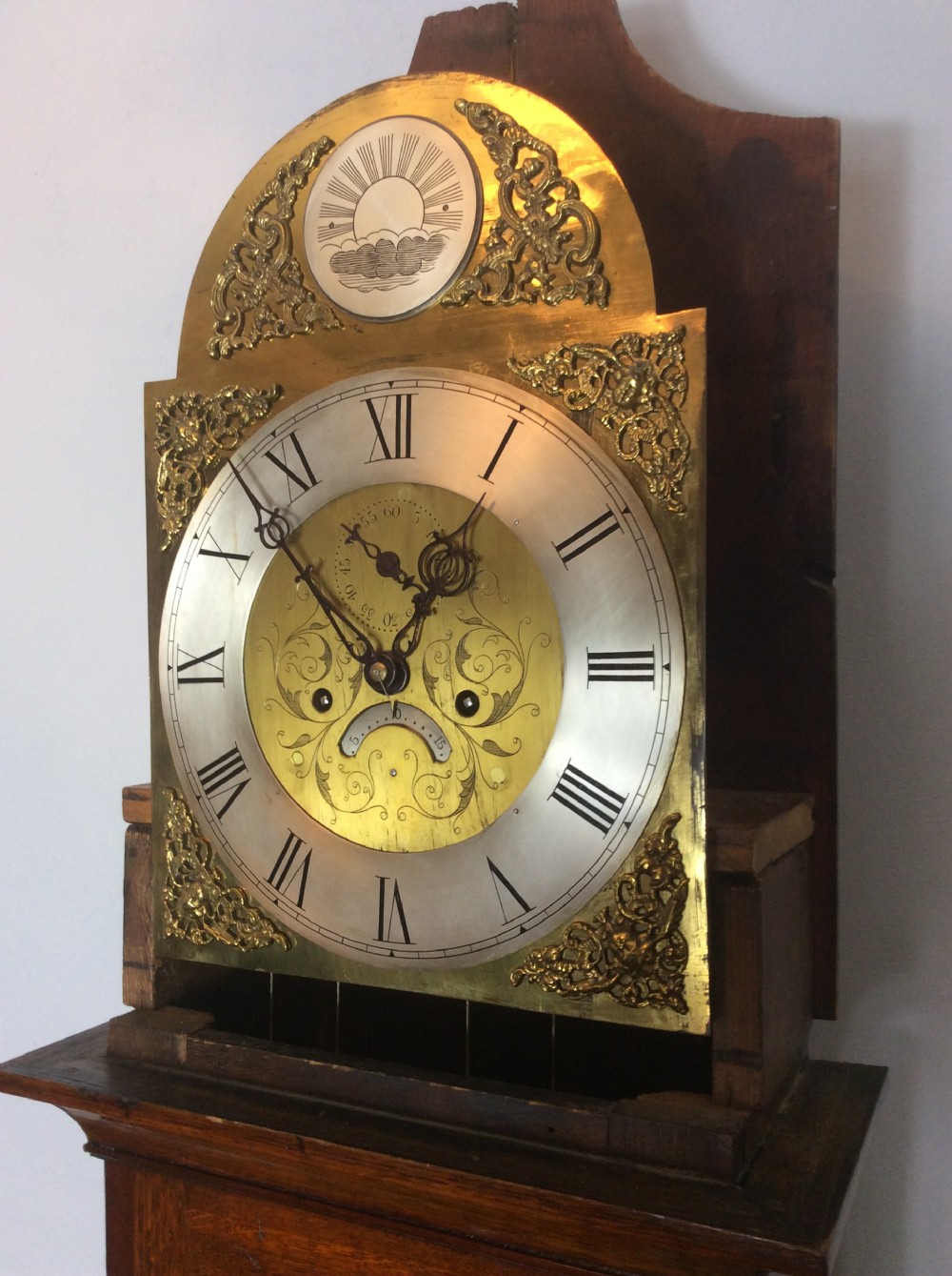 18th C. Oak Grandfather Longcase Clock. Possibly Irish with Shamrock or Cloverleaf Brass Inlay View IV