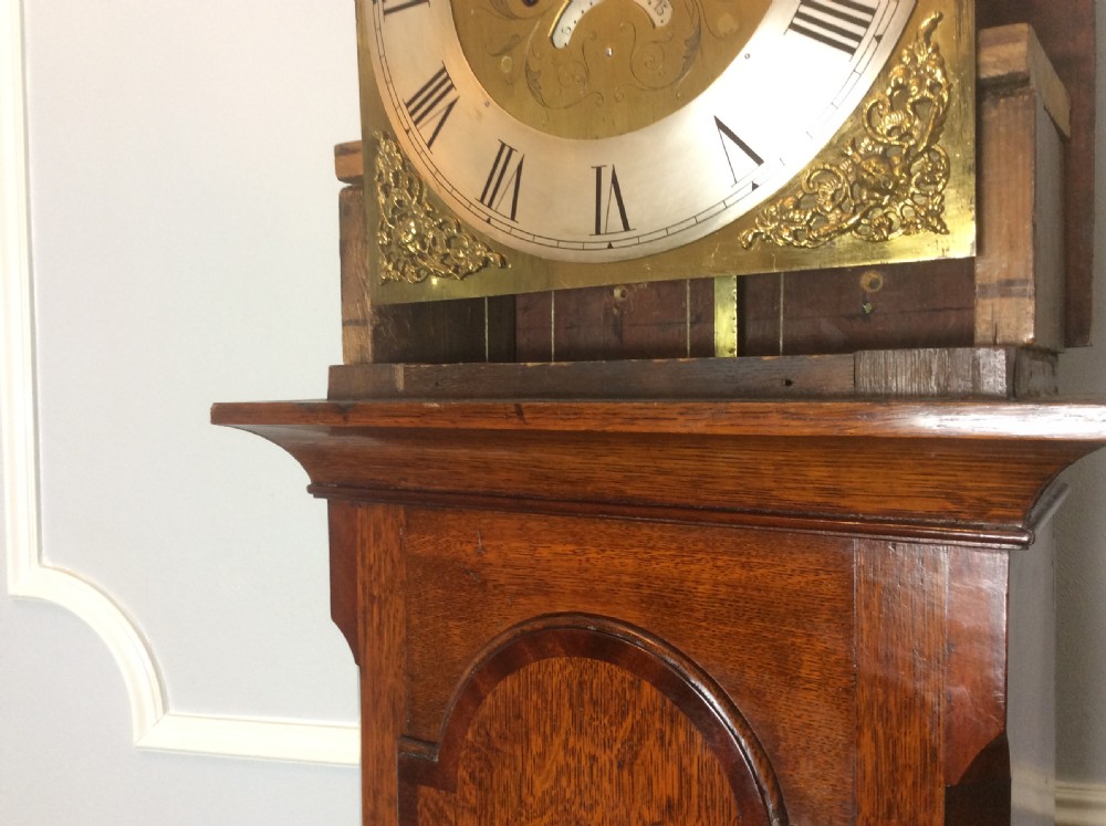 18th C. Oak Grandfather Longcase Clock. Possibly Irish with Shamrock or Cloverleaf Brass Inlay View VIII