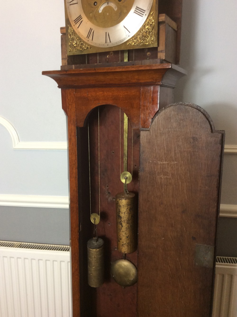 18th C. Oak Grandfather Longcase Clock. Possibly Irish with Shamrock or Cloverleaf Brass Inlay View IX