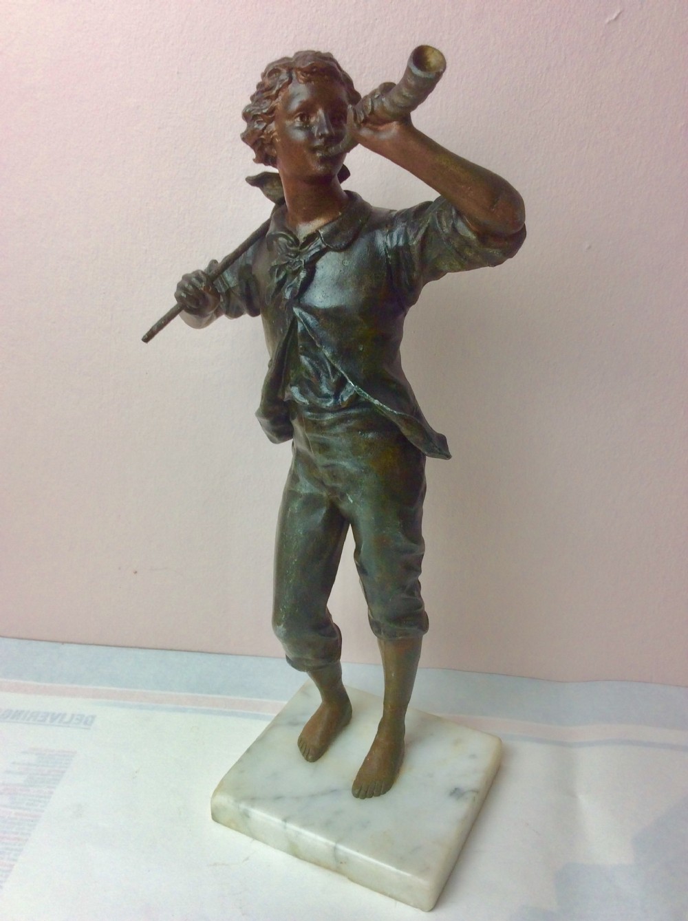 “Little Boy Blue” Bronzed Spelter Figural Statue on Marble Base