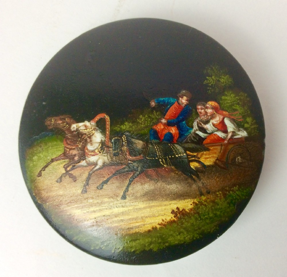 Russian Papier-mâché Snuff Box or Pill Box - Horse Driven Sleigh