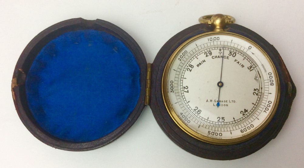 Gamages Leather Cased Gilt Pocket Barometer 