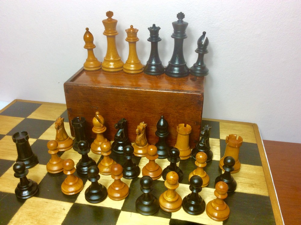 Large 19th Century Staunton Box Wood & Ebony Weighted Chess Set in Mahogany Box. View II