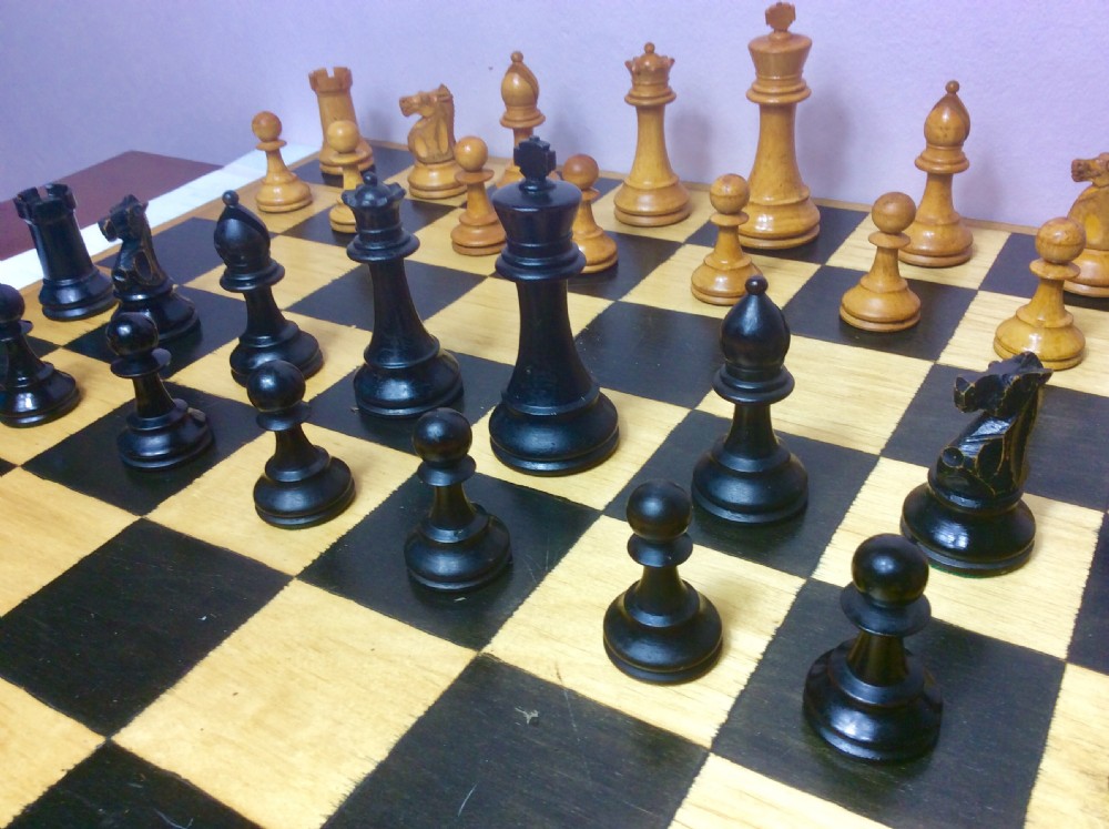 Large 19th Century Staunton Box Wood & Ebony Weighted Chess Set in Mahogany Box. View IV