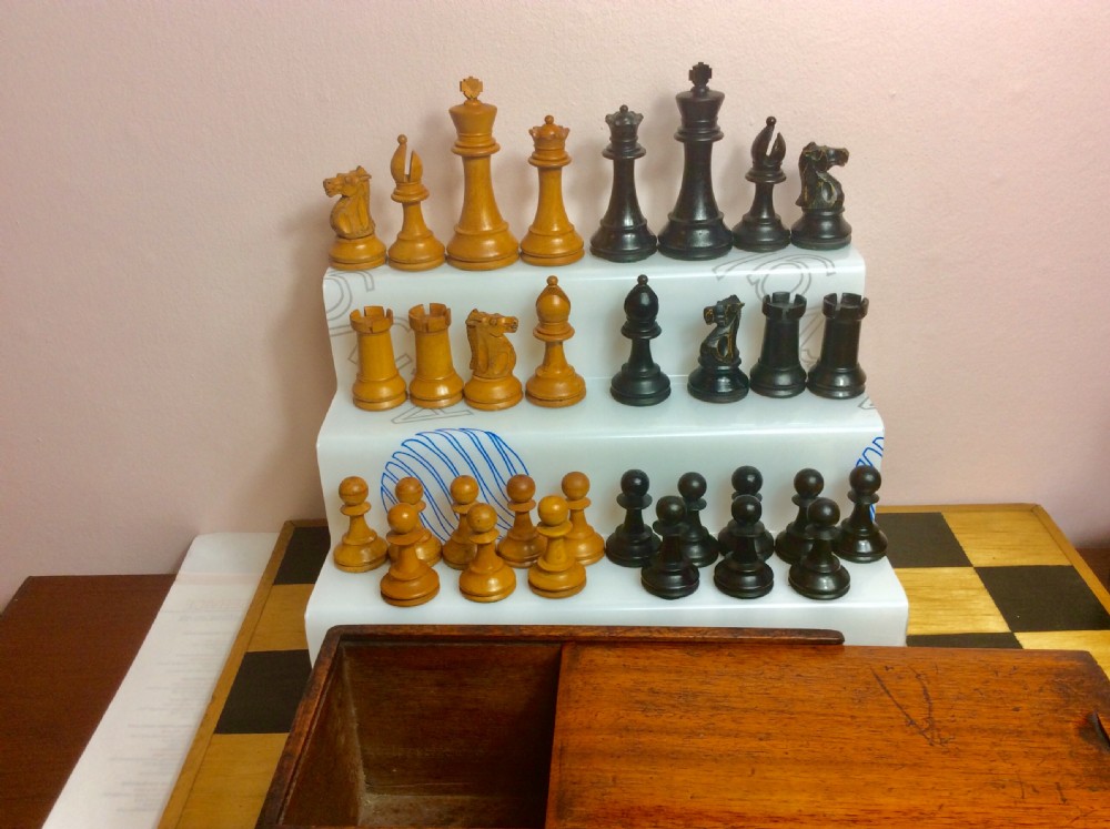 Large 19th Century Staunton Box Wood & Ebony Weighted Chess Set in Mahogany Box. View V