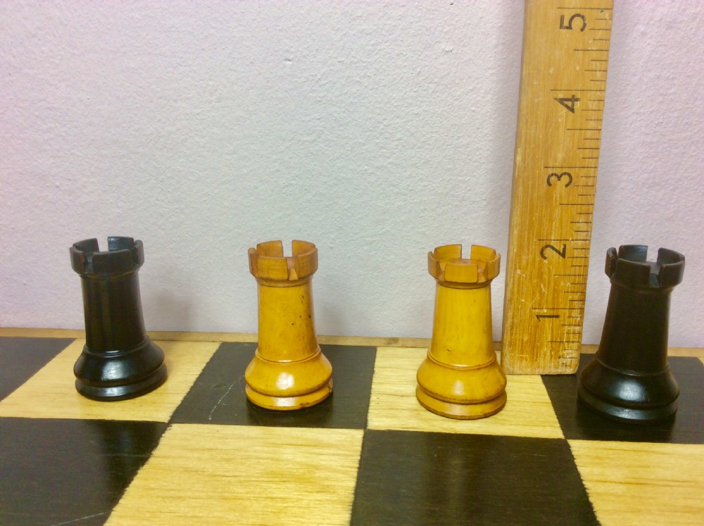 Large 19th Century Staunton Box Wood & Ebony Weighted Chess Set in Mahogany Box. View VII
