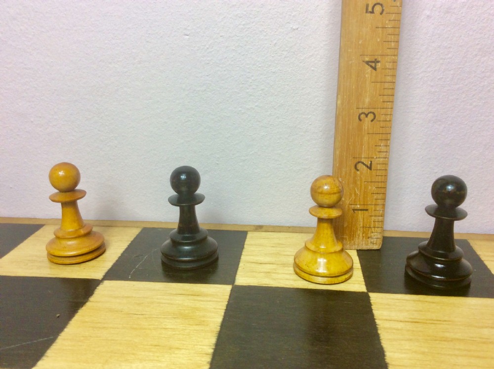 Large 19th Century Staunton Box Wood & Ebony Weighted Chess Set in Mahogany Box. View VIII