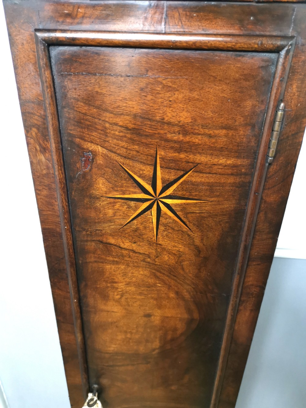 Late 19th Century Walnut with Star Inlay and Barley Twist Columns Grandmother or Small Grandfather Longcase Quarter Chiming Clock.  View III