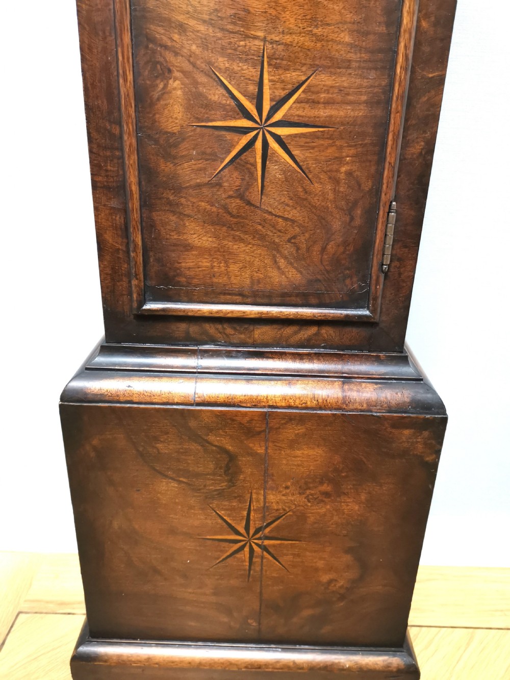 Late 19th Century Walnut with Star Inlay and Barley Twist Columns Grandmother or Small Grandfather Longcase Quarter Chiming Clock.  View V