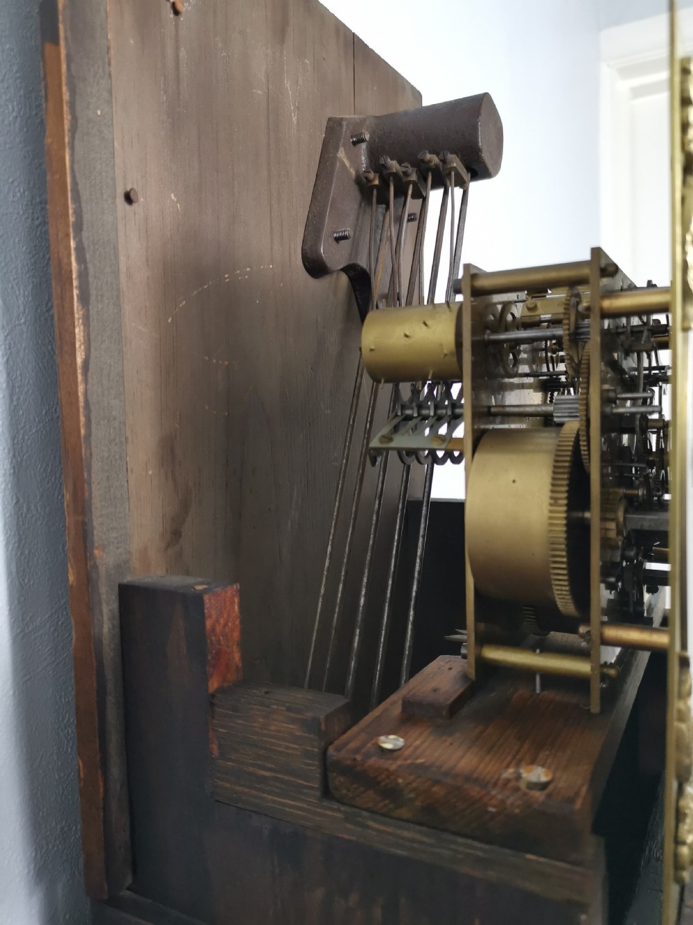 Late 19th Century Walnut with Star Inlay and Barley Twist Columns Grandmother or Small Grandfather Longcase Quarter Chiming Clock.  View VI