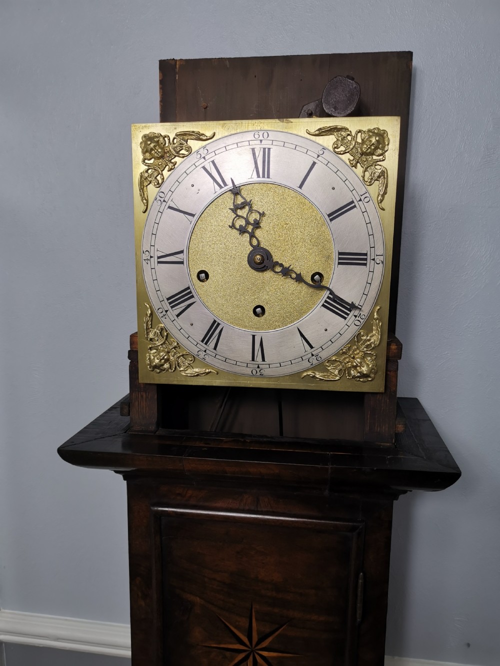 Late 19th Century Walnut with Star Inlay and Barley Twist Columns Grandmother or Small Grandfather Longcase Quarter Chiming Clock.  View VIII