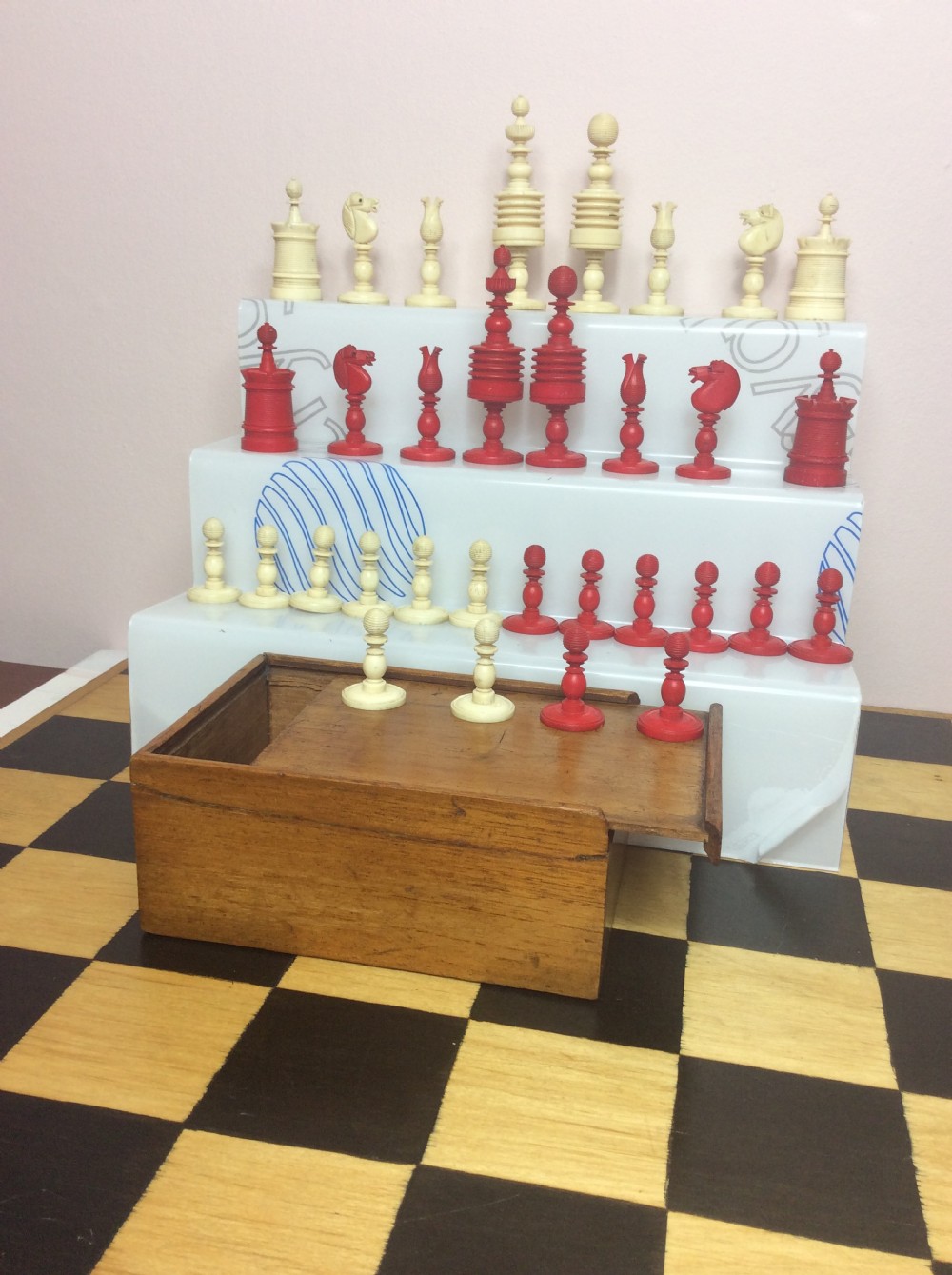 Large Bone Chess Set - King 3.8in with Mahogany Box - Late 19th Century 