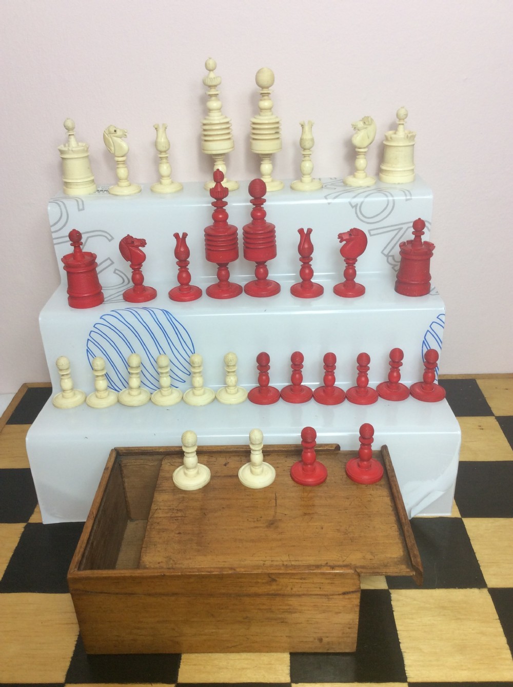Large Bone Chess Set - King 3.8in with Mahogany Box - Late 19th Century  View IV
