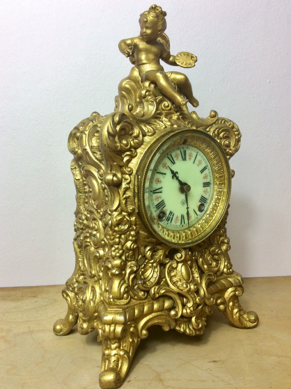 19th C. Gilt Cherub “The Artist” 8Day Striking Clock by Ansonia of America