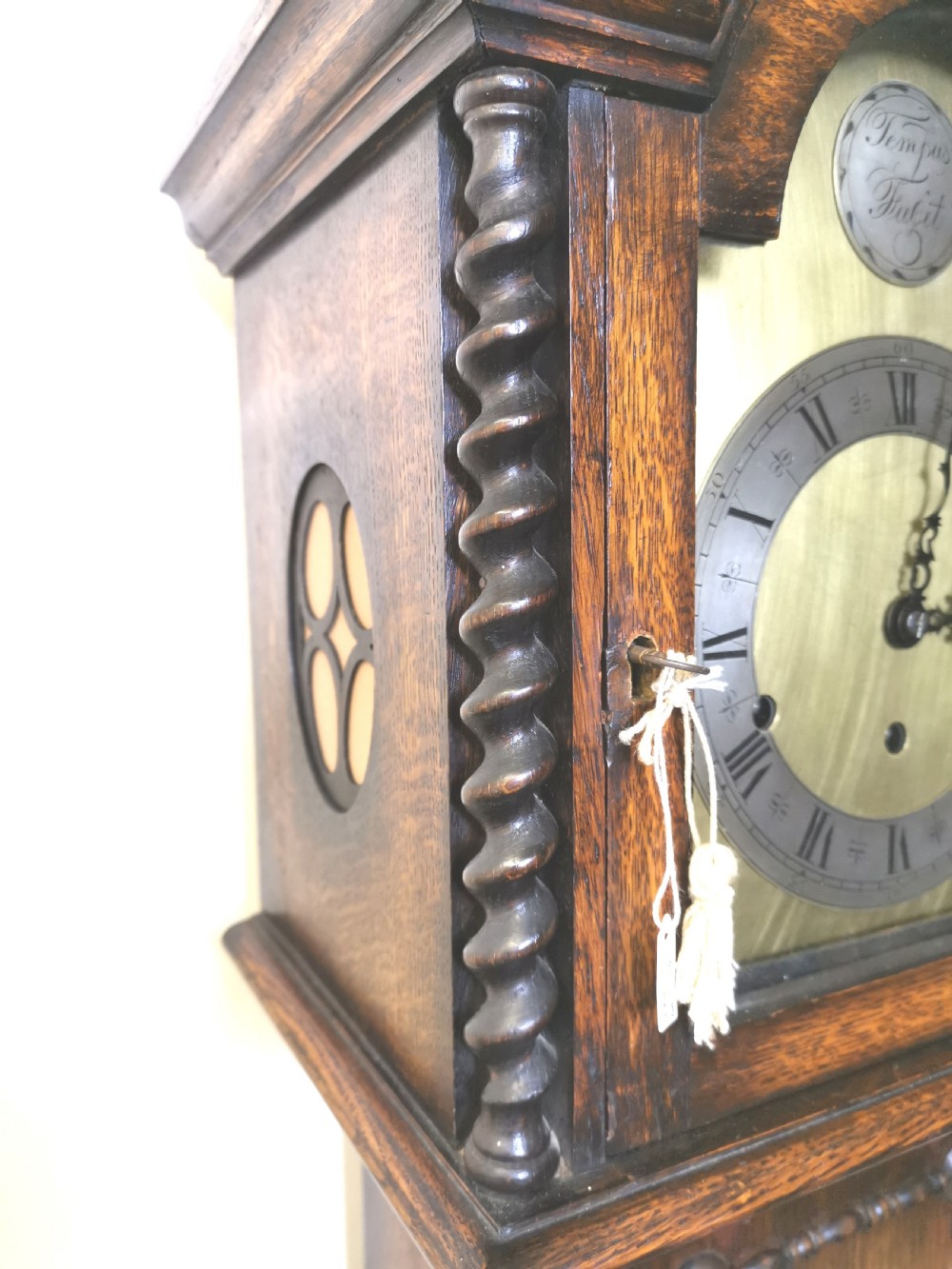 Edwardian Chiming Oak Grandmother or Small Grandfather Longcase Clock with Barley Twist Hood Columns View II