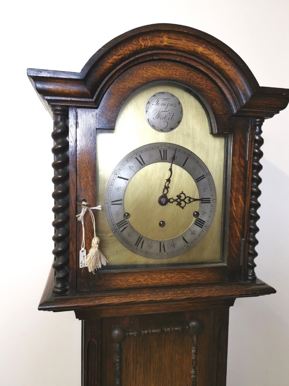 Edwardian Chiming Oak Grandmother or Small Grandfather Longcase Clock with Barley Twist Hood Columns View III