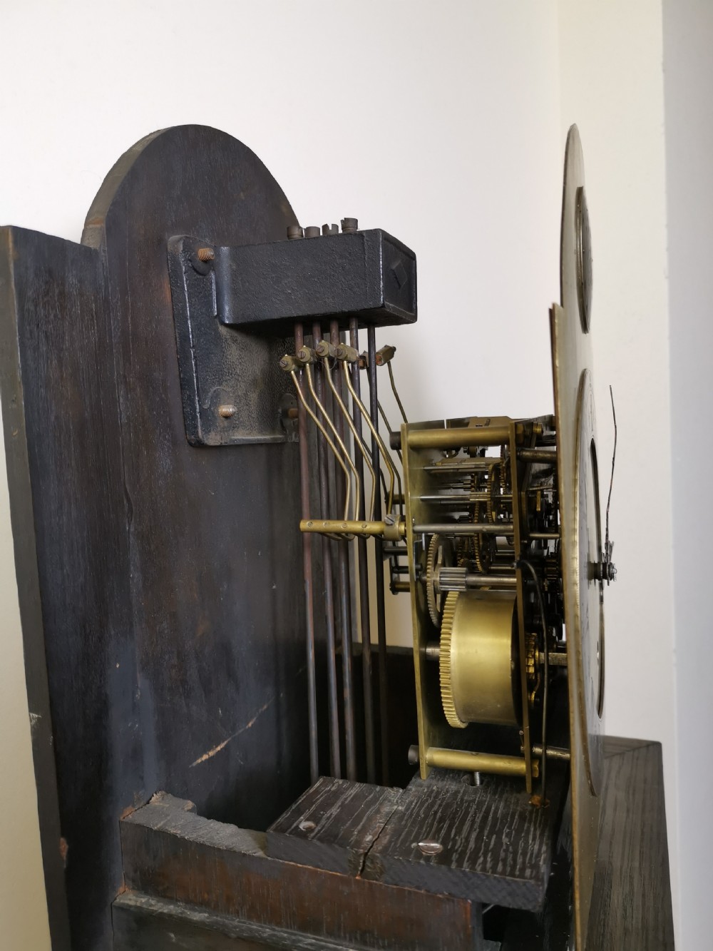 Edwardian Chiming Oak Grandmother or Small Grandfather Longcase Clock with Barley Twist Hood Columns View IV