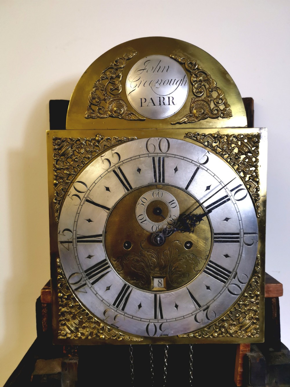 Well Proportioned 18th Century Georgian Oak with Mahogany Banding & Reeded Columns Grandfather Longcase Clock - John Greenough Circa 1780. View II