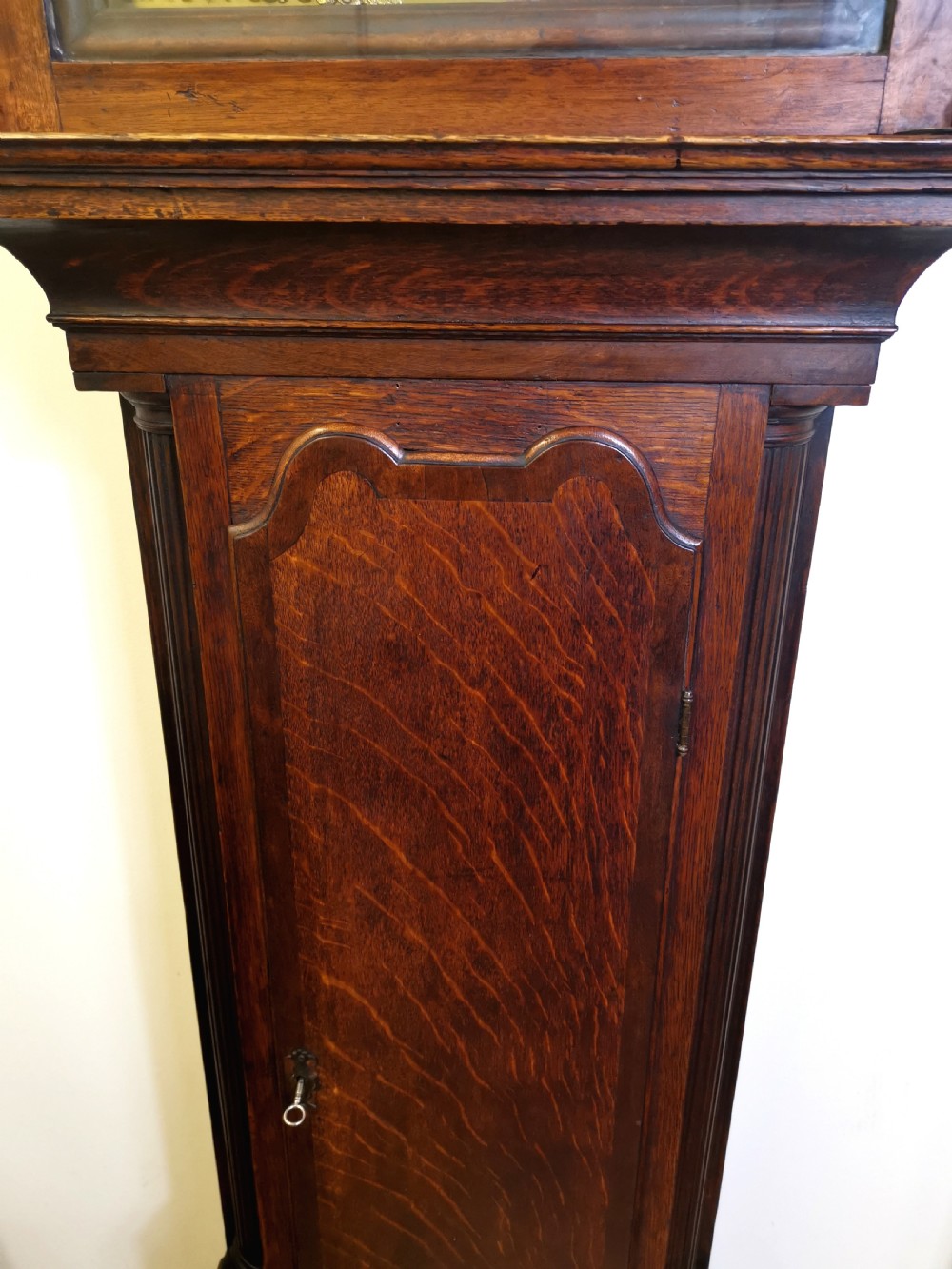 Well Proportioned 18th Century Georgian Oak with Mahogany Banding & Reeded Columns Grandfather Longcase Clock - John Greenough Circa 1780. View III