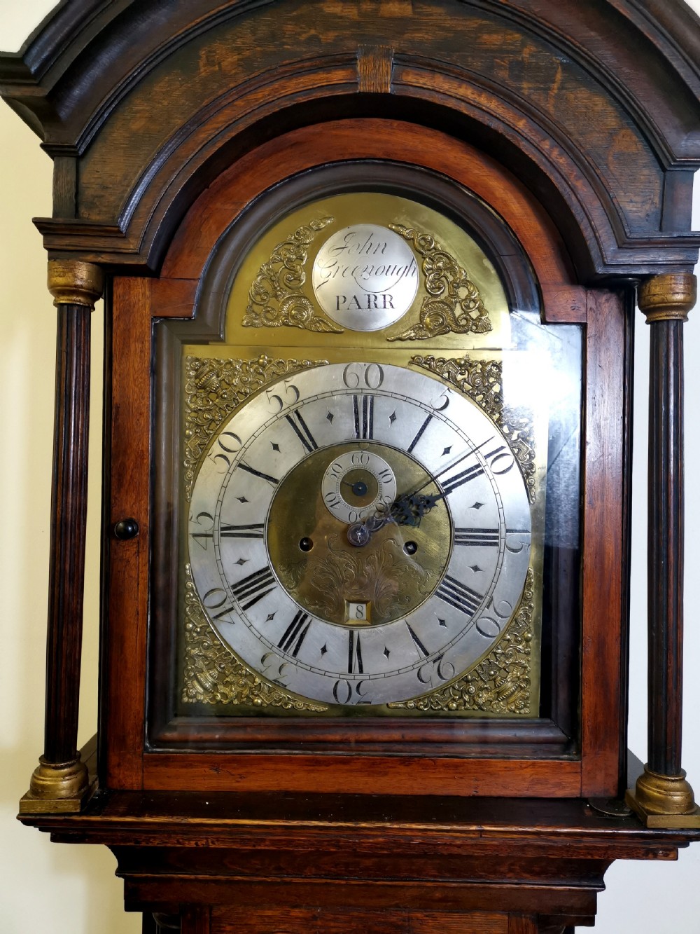 Well Proportioned 18th Century Georgian Oak with Mahogany Banding & Reeded Columns Grandfather Longcase Clock - John Greenough Circa 1780. View IV