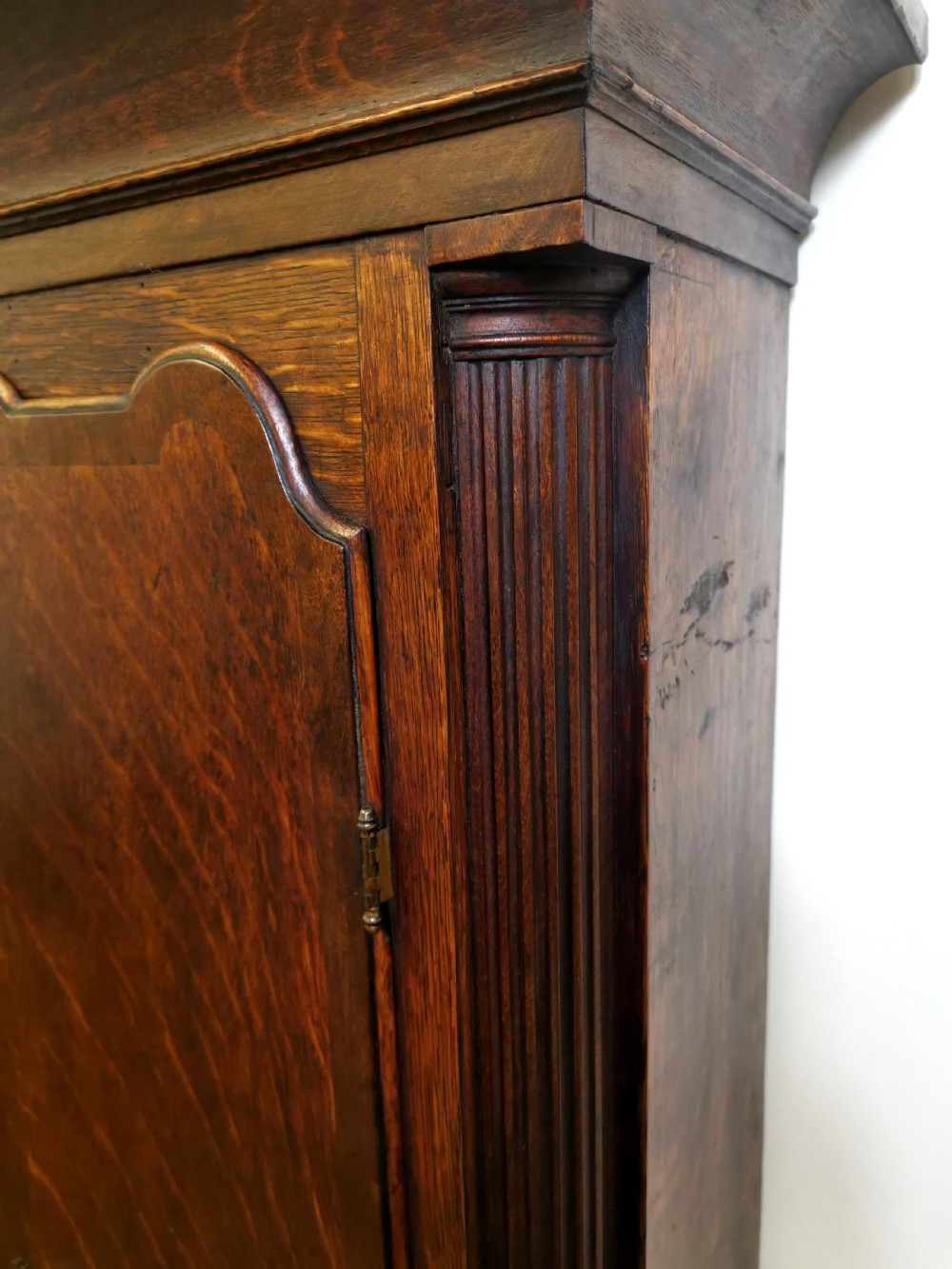 Well Proportioned 18th Century Georgian Oak with Mahogany Banding & Reeded Columns Grandfather Longcase Clock - John Greenough Circa 1780. View V