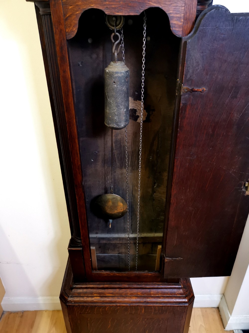 Well Proportioned 18th Century Georgian Oak with Mahogany Banding & Reeded Columns Grandfather Longcase Clock - John Greenough Circa 1780. View VI