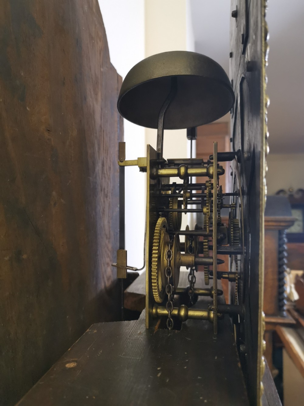 Well Proportioned 18th Century Georgian Oak with Mahogany Banding & Reeded Columns Grandfather Longcase Clock - John Greenough Circa 1780. View IX
