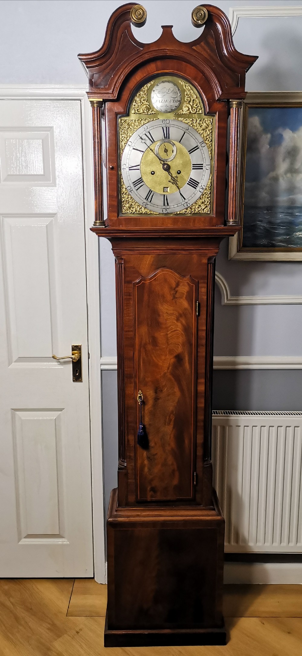Georgian 8 Day Grandfather Longcase Clock by Pye of Falmouth circa 1760 in a Flame Mahogany Case