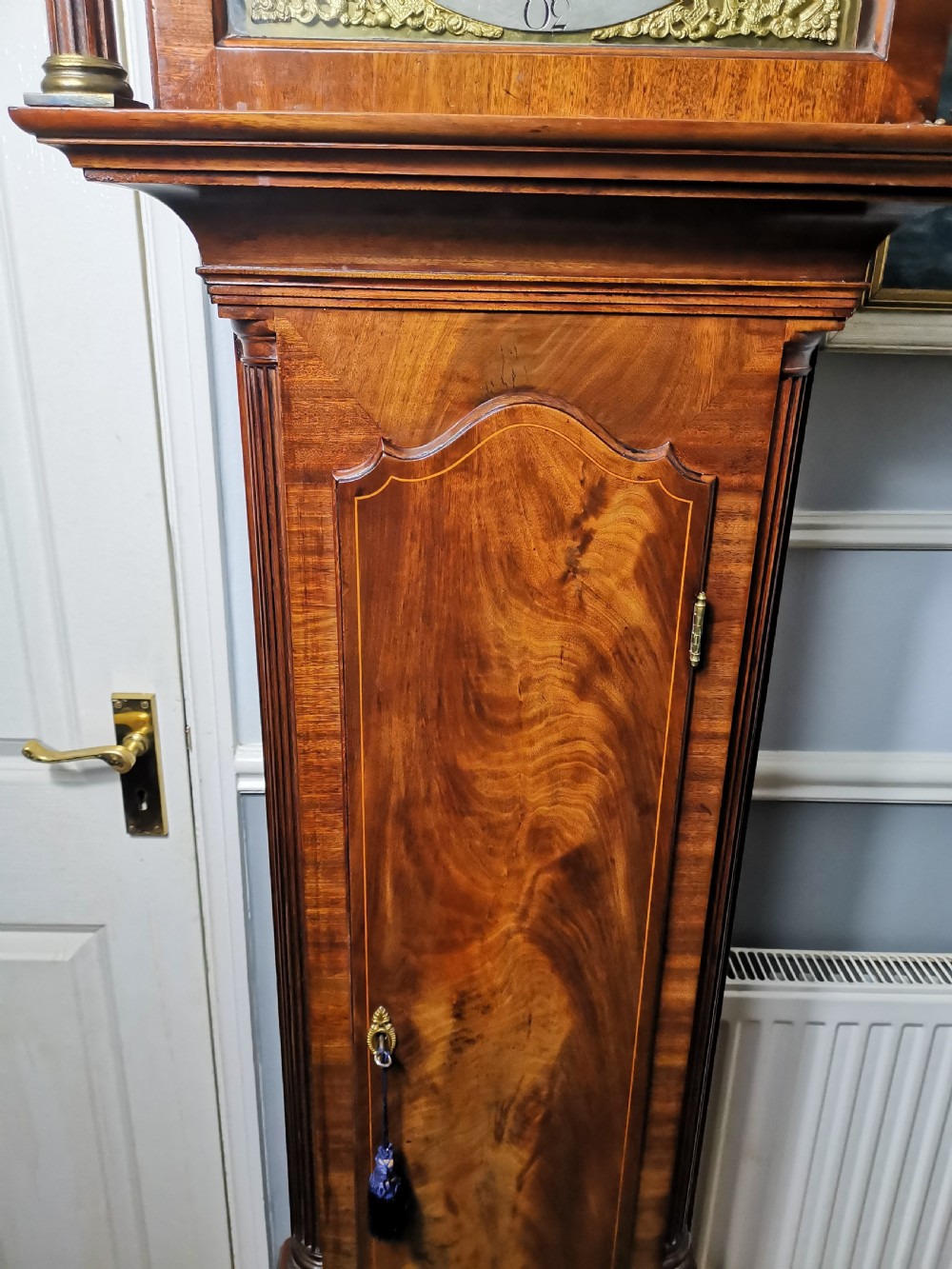 Georgian 8 Day Grandfather Longcase Clock by Pye of Falmouth circa 1760 in a Flame Mahogany Case View II