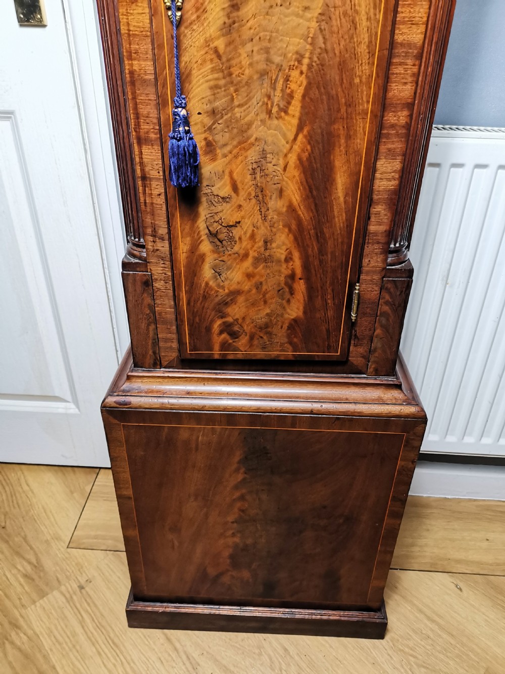 Georgian 8 Day Grandfather Longcase Clock by Pye of Falmouth circa 1760 in a Flame Mahogany Case View III