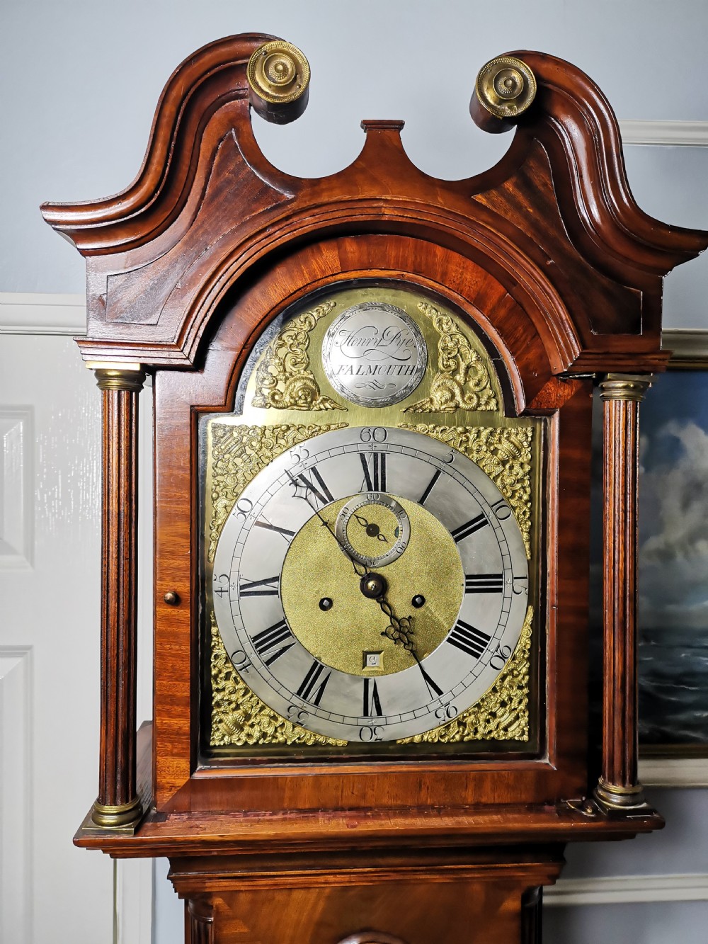 Georgian 8 Day Grandfather Longcase Clock by Pye of Falmouth circa 1760 in a Flame Mahogany Case View IV