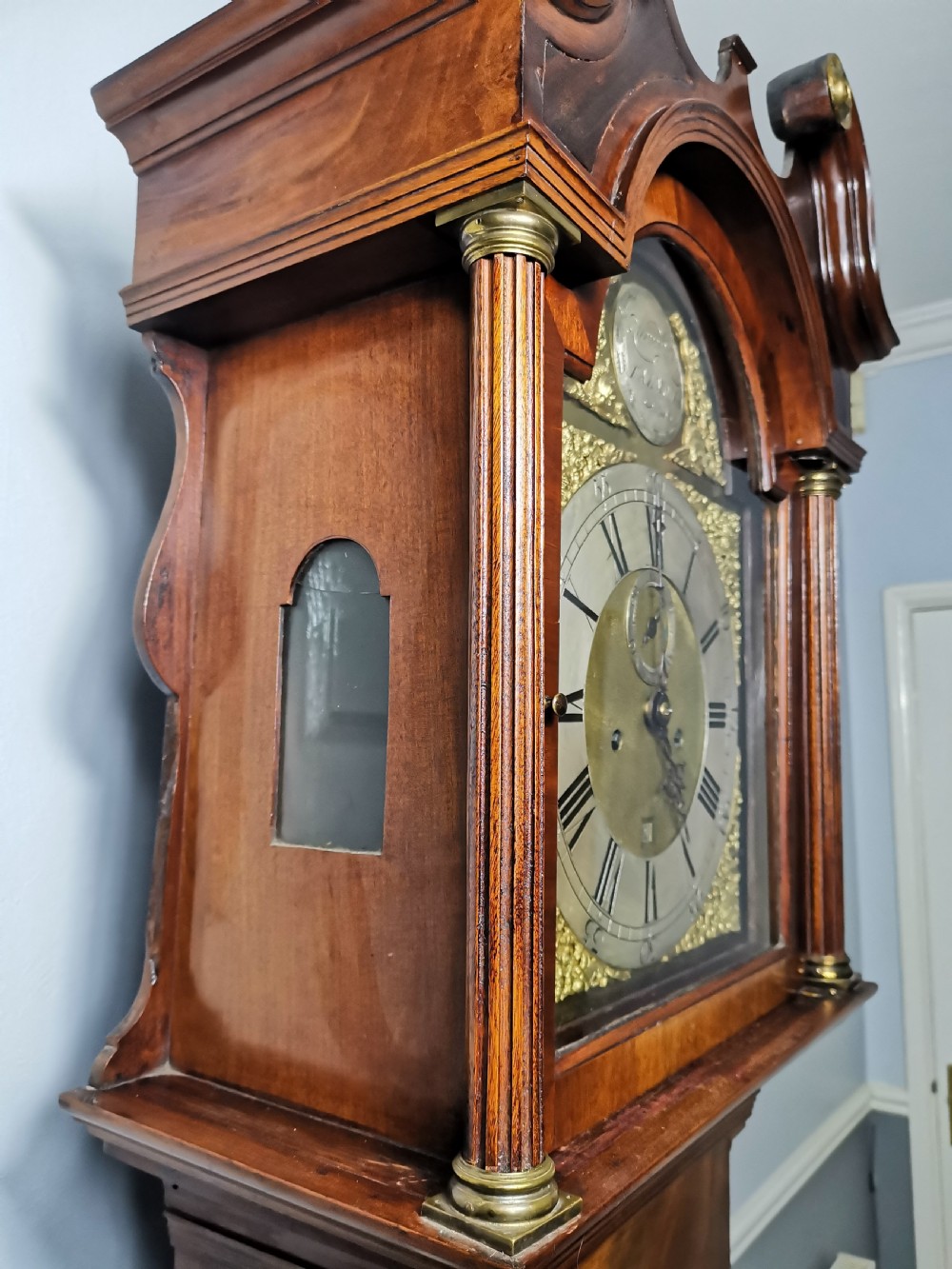 Georgian 8 Day Grandfather Longcase Clock by Pye of Falmouth circa 1760 in a Flame Mahogany Case View VIII