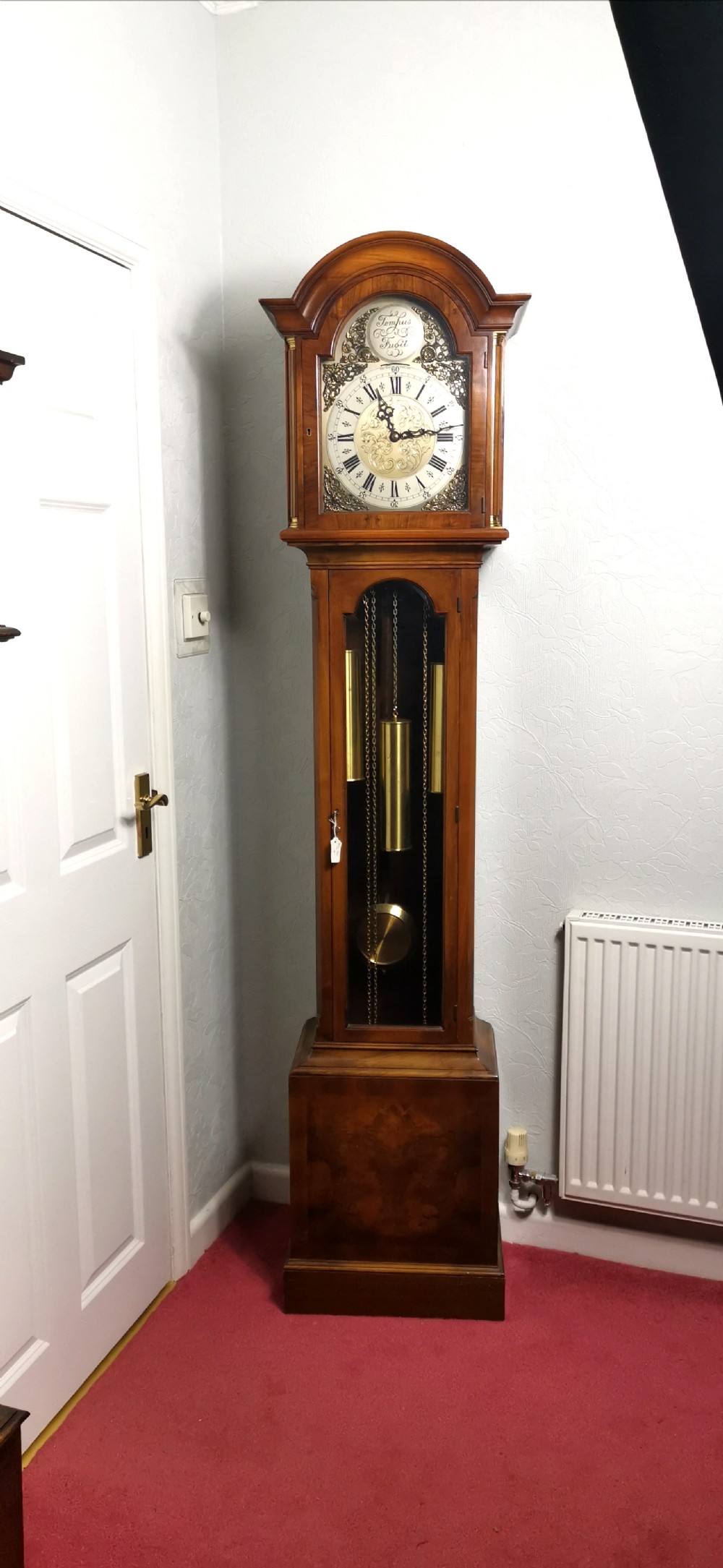 Triple Weight Triple Tune Warm Walnut Grandmother or Grandfather Musical Longcase Clock