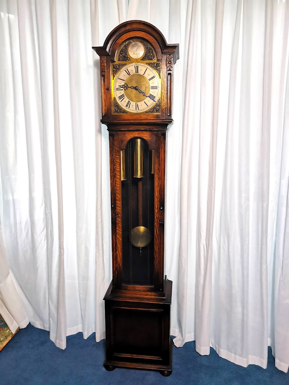 Triple Weight Westminster Chiming Musical Grandfather or Grandmother Oak Glass Fronted Cased Longcase Clock