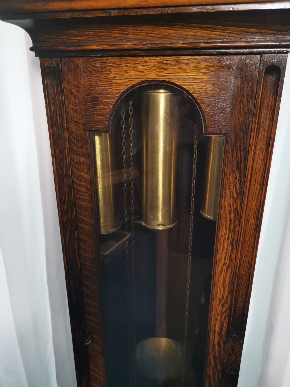 Triple Weight Westminster Chiming Musical Grandfather or Grandmother Oak Glass Fronted Cased Longcase Clock View III