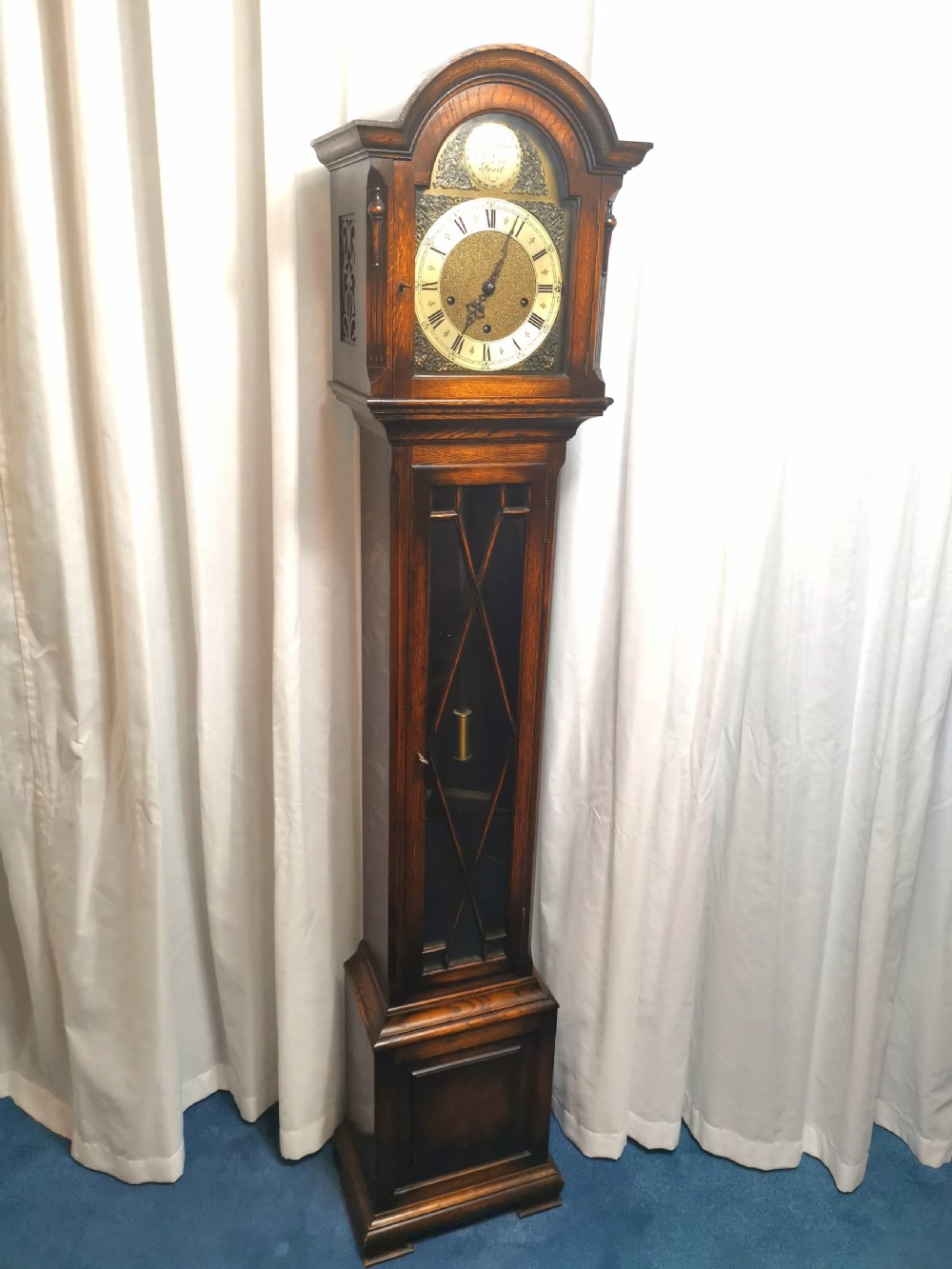 English Edwardian Triple Train Glass Fronted Oak Grandmother or Small Grandfather Musical Longcase Clock 